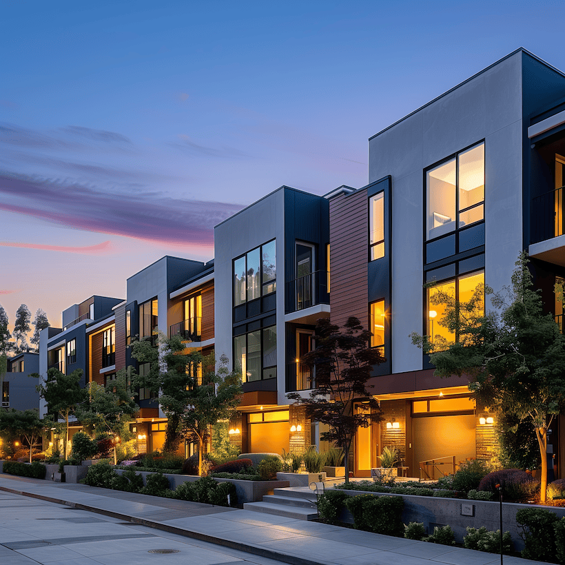 Modern apartments at dusk with warm interior lighting